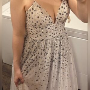 White glitter flower tulle triangle top prom dress